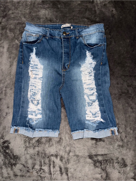 Amarith Pants - Amarith Women’s Distressed Denim Bermuda Shorts Rolled Hem Blue Size L